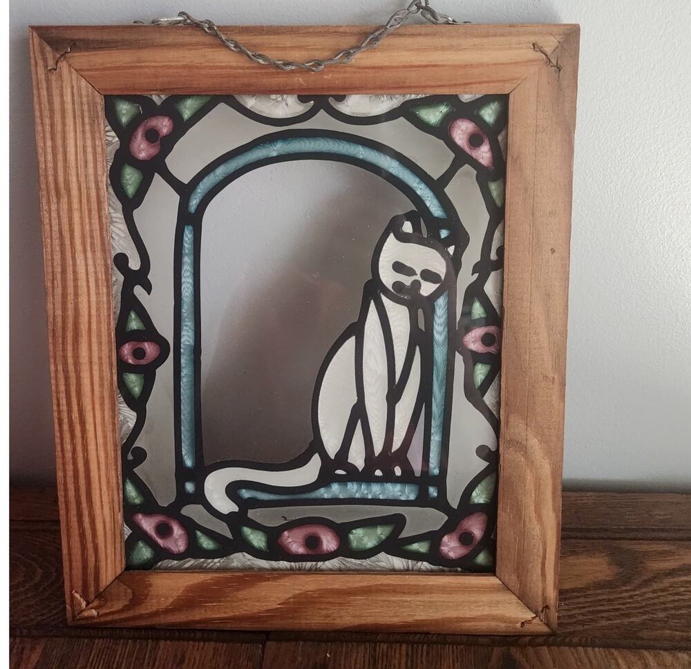 Stain Glass Cat in Window Framed Art Cat 10”x11.5"